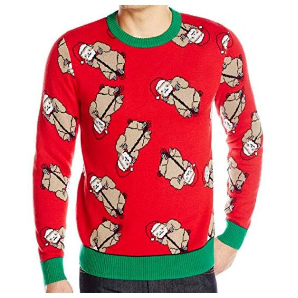 Alex Stevens Mens Ugly Christmas Sweater XXL Red Santa Sloths Bonanza Scooters